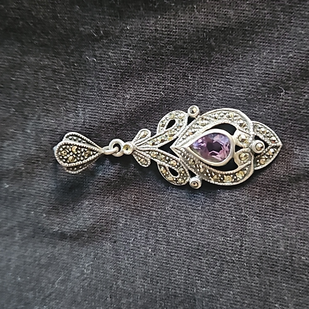 Vintage sterling silver retro marcasite 1.75" pendant with teardrop amethyst